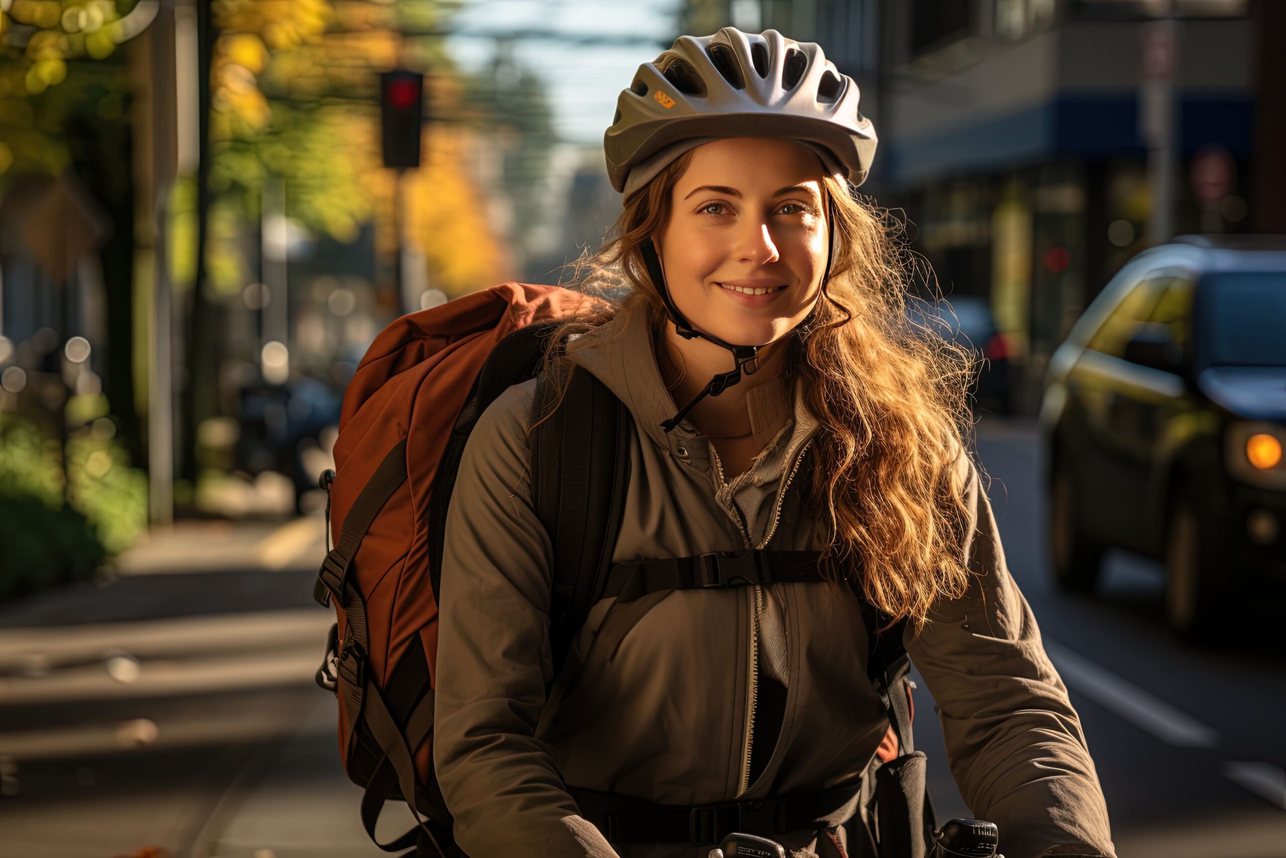 Woman on bicycle using a commuter rewards program from Pave Commute. Frau auf Rad, die ein Belohnungssystem für Pendler:innen nutzt